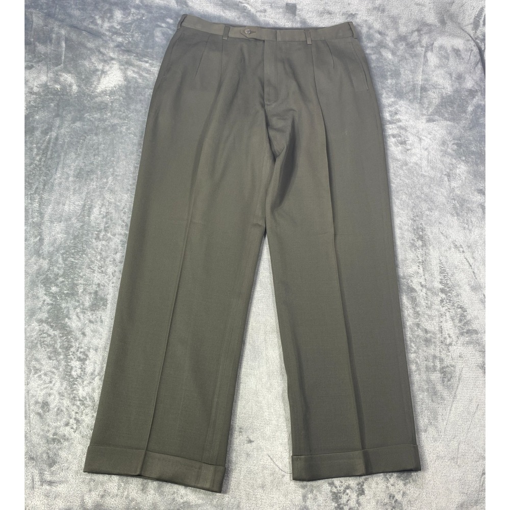 Vintage Jos A Bank Dress Pants 35x30 Green Wool Pleated Cuff Wide Leg Trouser